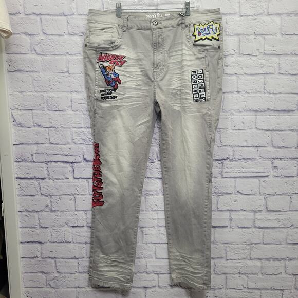 NWT Born Fly Jeans Mens 40x32 Grey Stone Wash Patches Streetwear Distressed